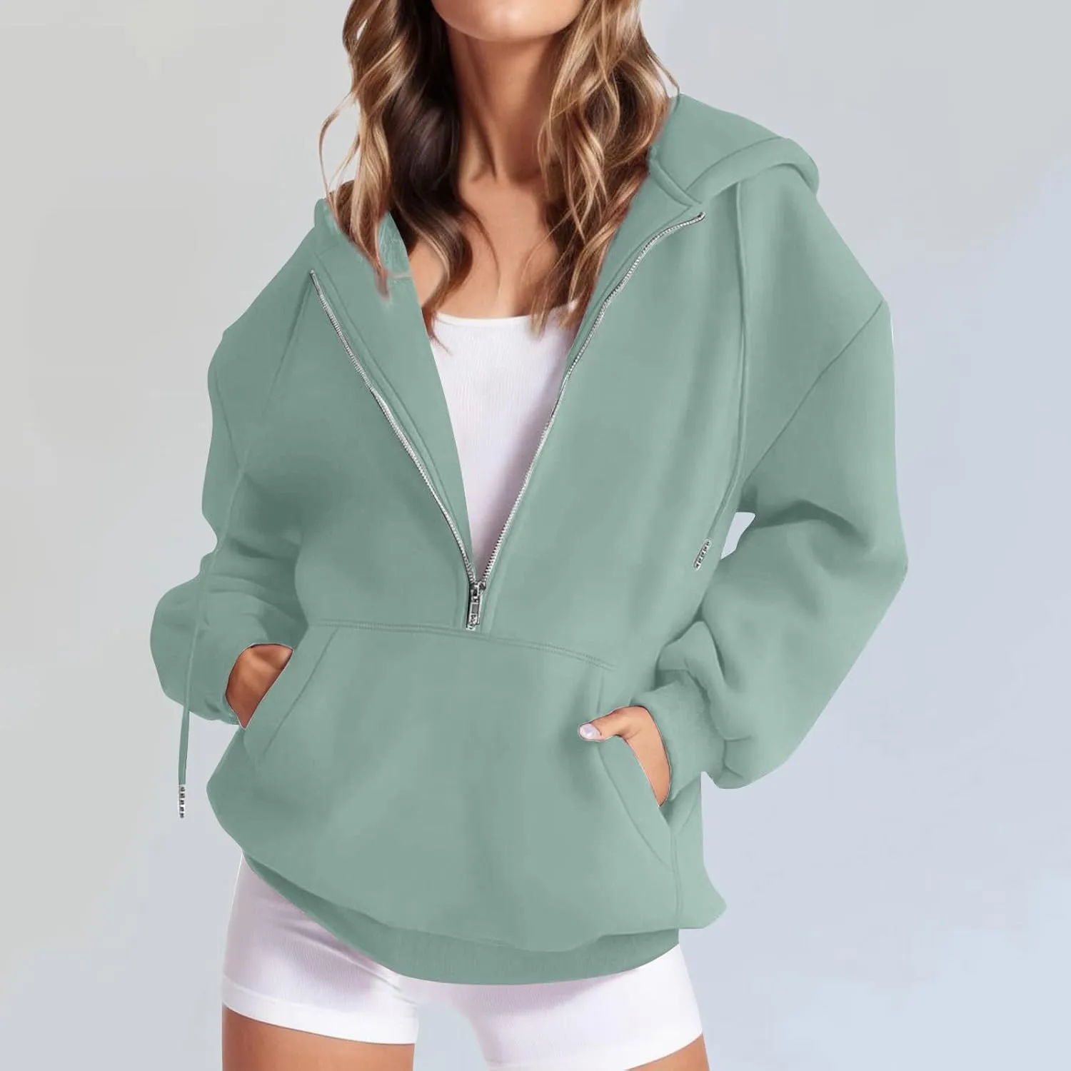 Womens Quarter Zip Pullover Long Sleeve Half Zip Hoodies Fleece Oversized Sweatshirt Fall Sweatshirts with Pockets
