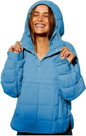 Women's Quilted Pullover Puffer Jacket Packable Hooded Padded Oversized Hoodie Dolman Long Sleeve Warm Winter Coat