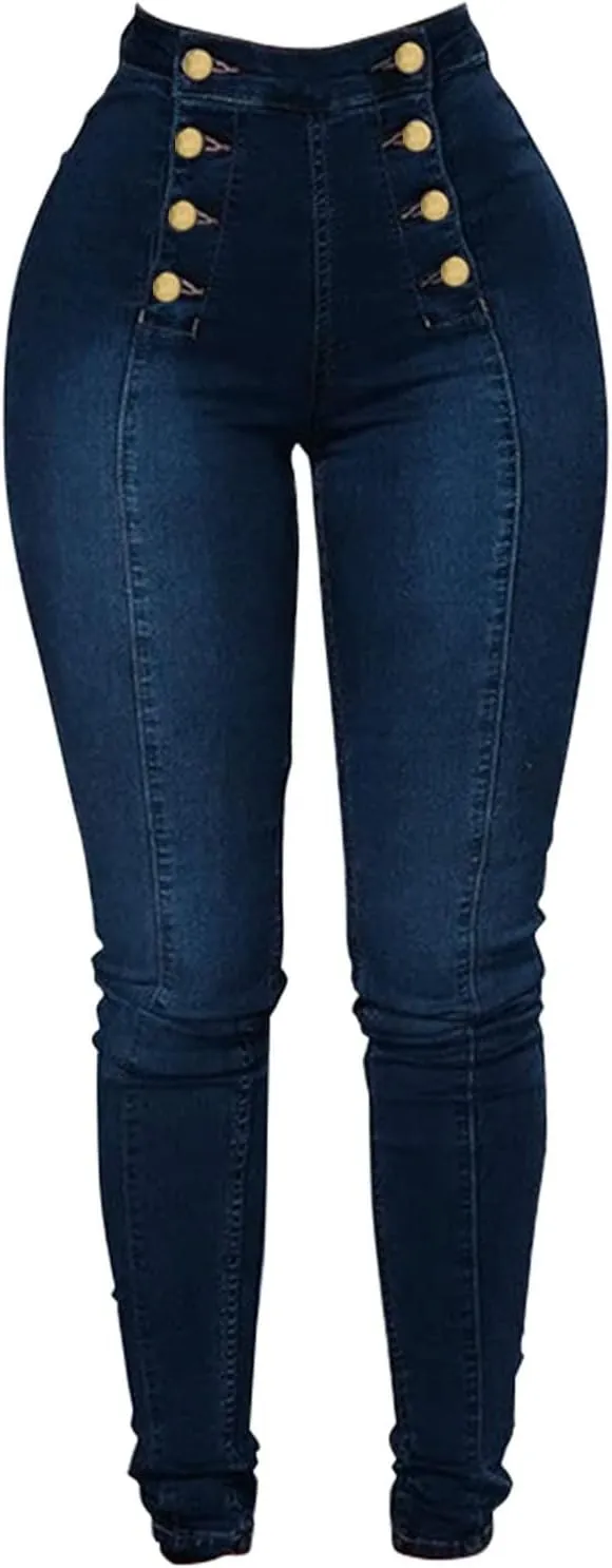 Womens Skinny Colombian Jeans Butt Lift High Waist Double Breasted Sailor Work Jeans Tummy Control Bodycon Jean Leggings