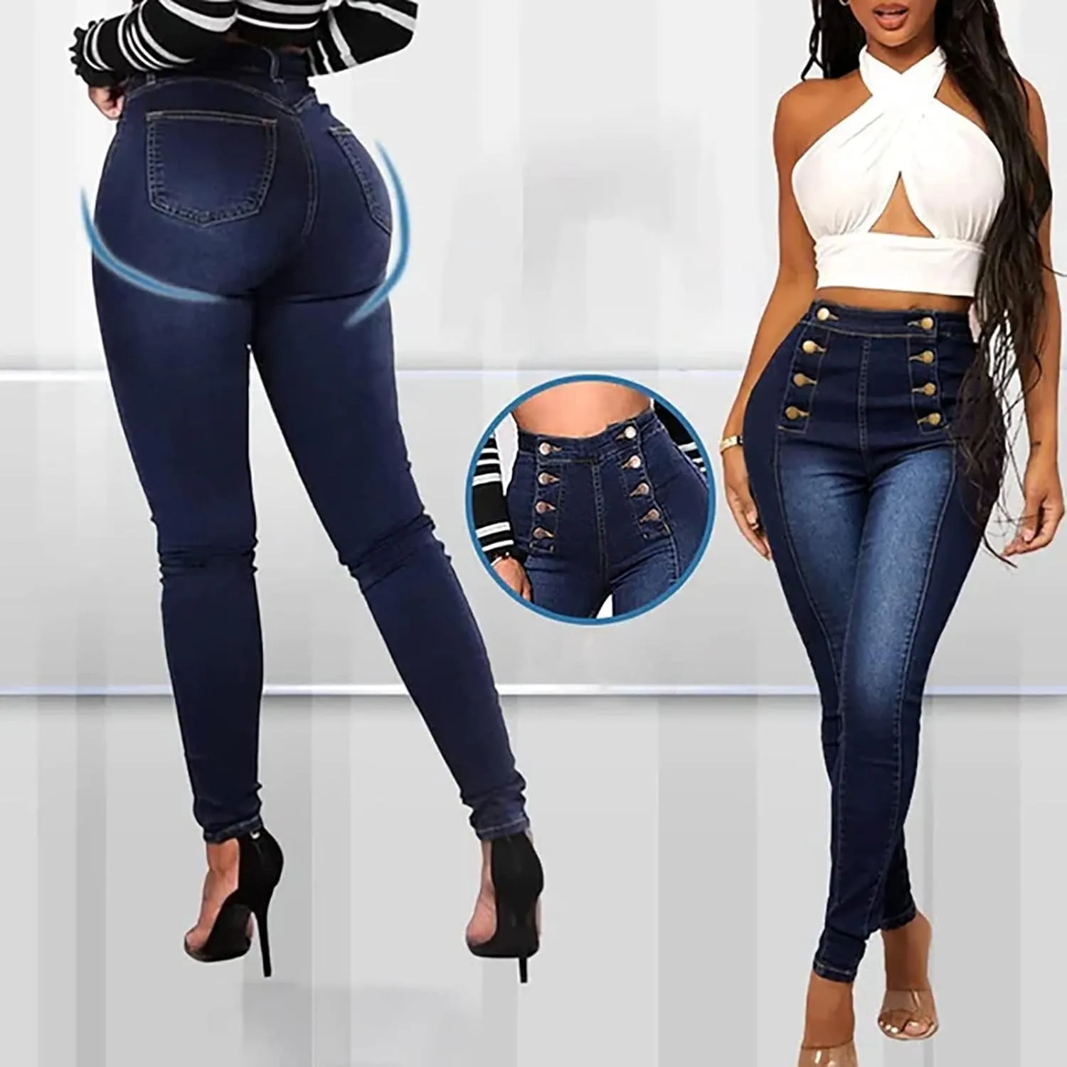 Womens Skinny Colombian Jeans Butt Lift High Waist Double Breasted Sailor Work Jeans Tummy Control Bodycon Jean Leggings