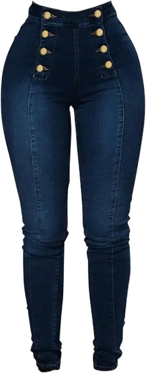 Womens Skinny Colombian Jeans Butt Lift High Waist Double Breasted Sailor Work Jeans Tummy Control Bodycon Jean Leggings