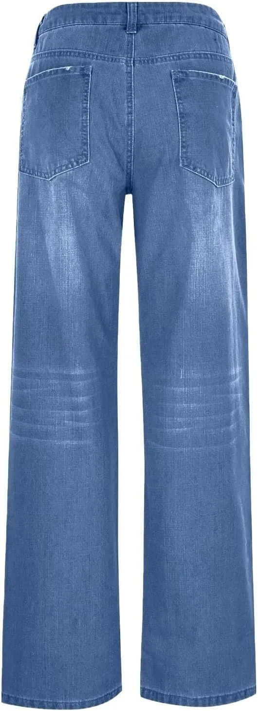 Womens Straight Leg Baggy Wide Leg Jeans Y2k Ripped Low Waisted Denim Trousers with Pockets Relaxed Boyfriend Jeans