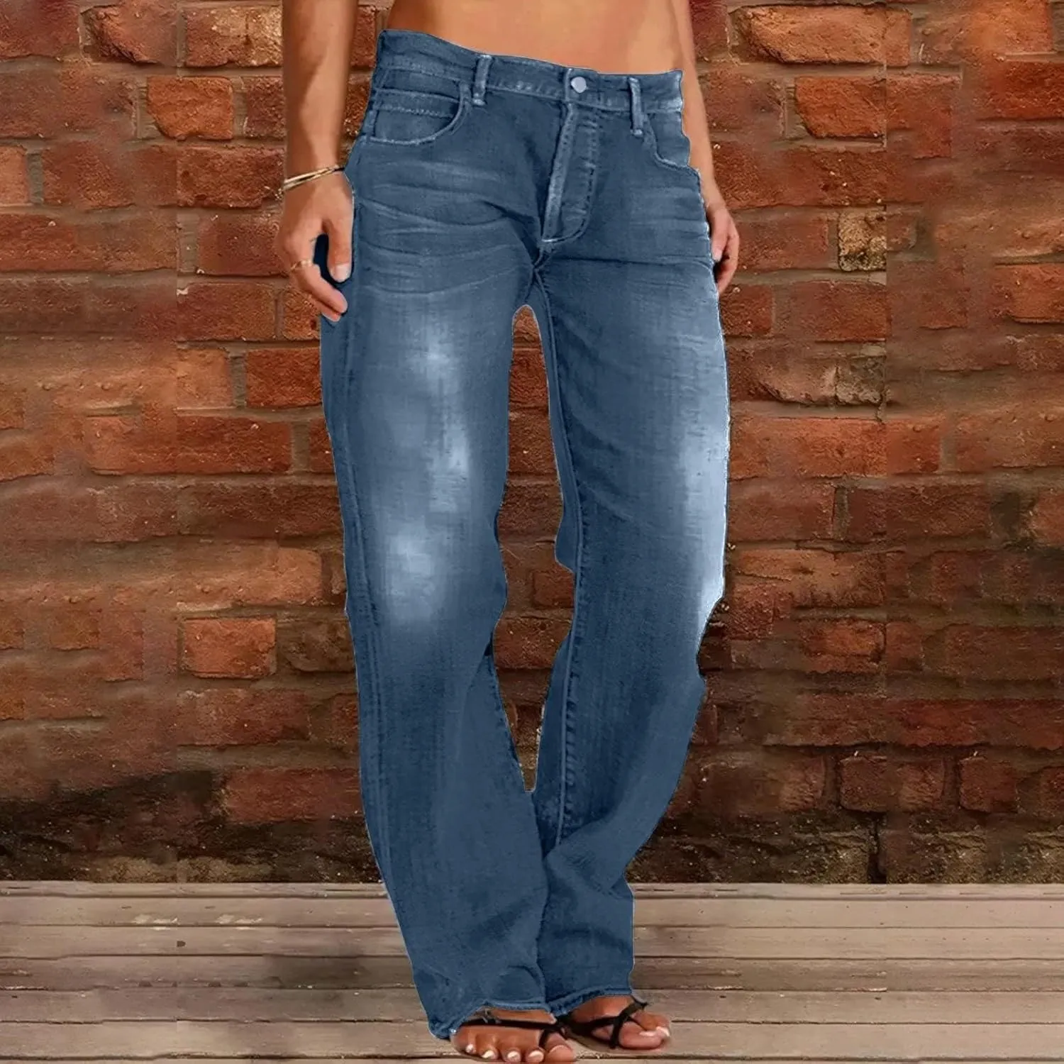 Womens Straight Leg Baggy Wide Leg Jeans Y2k Ripped Low Waisted Denim Trousers with Pockets Relaxed Boyfriend Jeans
