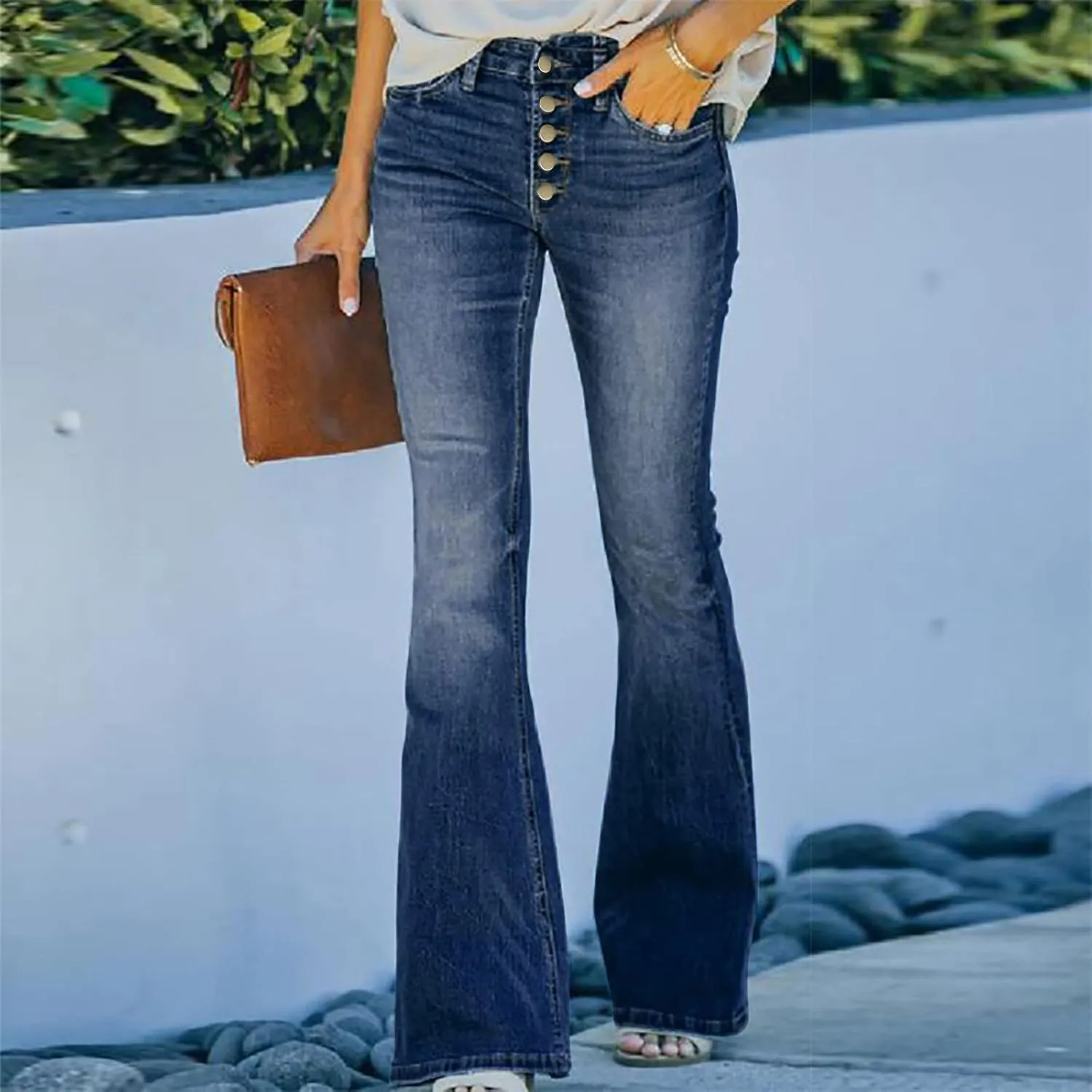 Women's Stretch Flare Jeans - Trendy High Waisted Wide Leg Bell Bottom Jeans Tummy Control Button Fly Denim Trousers