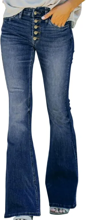Women's Stretch Flare Jeans - Trendy High Waisted Wide Leg Bell Bottom Jeans Tummy Control Button Fly Denim Trousers