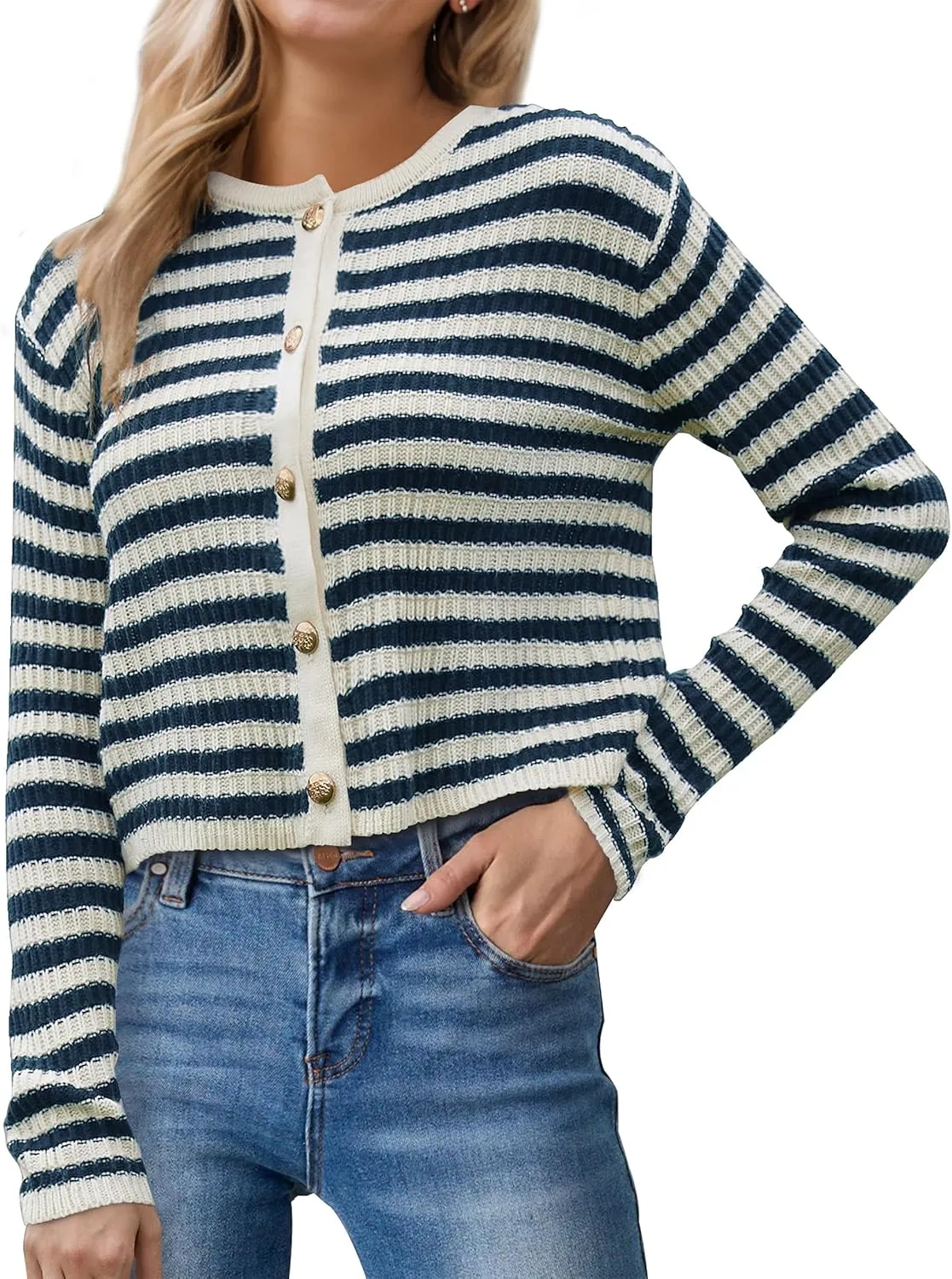 Womens Striped Cardigan Sweaters Button up Long Sleeve Fall Outfits Knit Sweater Cropped Cardigans Casual Jacket Coat