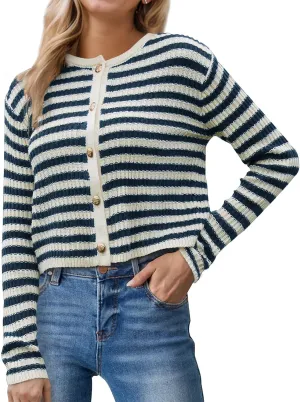 Womens Striped Cardigan Sweaters Button up Long Sleeve Fall Outfits Knit Sweater Cropped Cardigans Casual Jacket Coat