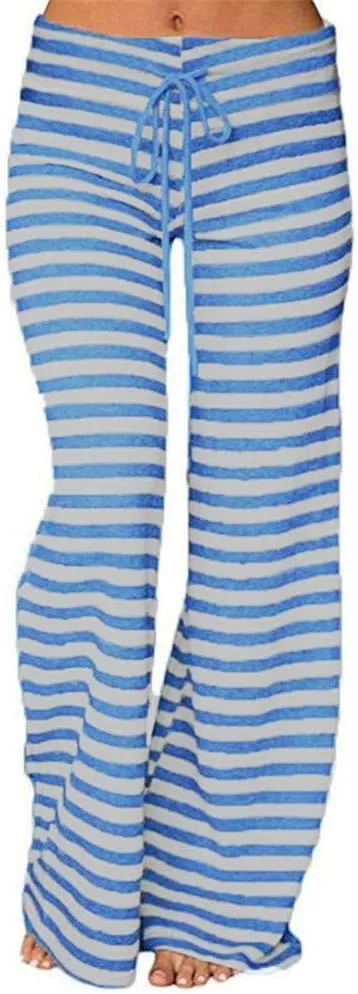 Womens Striped Wide Leg Pants Elastic High Waist Drawstring Trousers Loose Fitness Dancing Yoga Pants