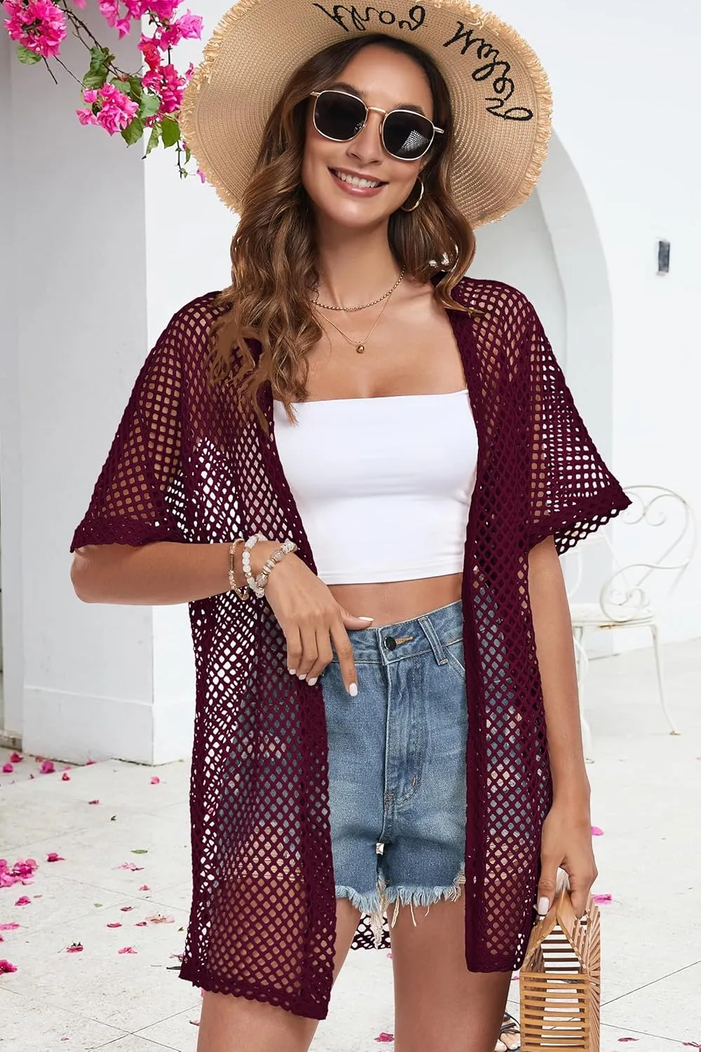 Womens Summer Cardigan Short Sleeve Crochet Casual Tops Kimono Open Front Cover Up Hollow Out Jacket