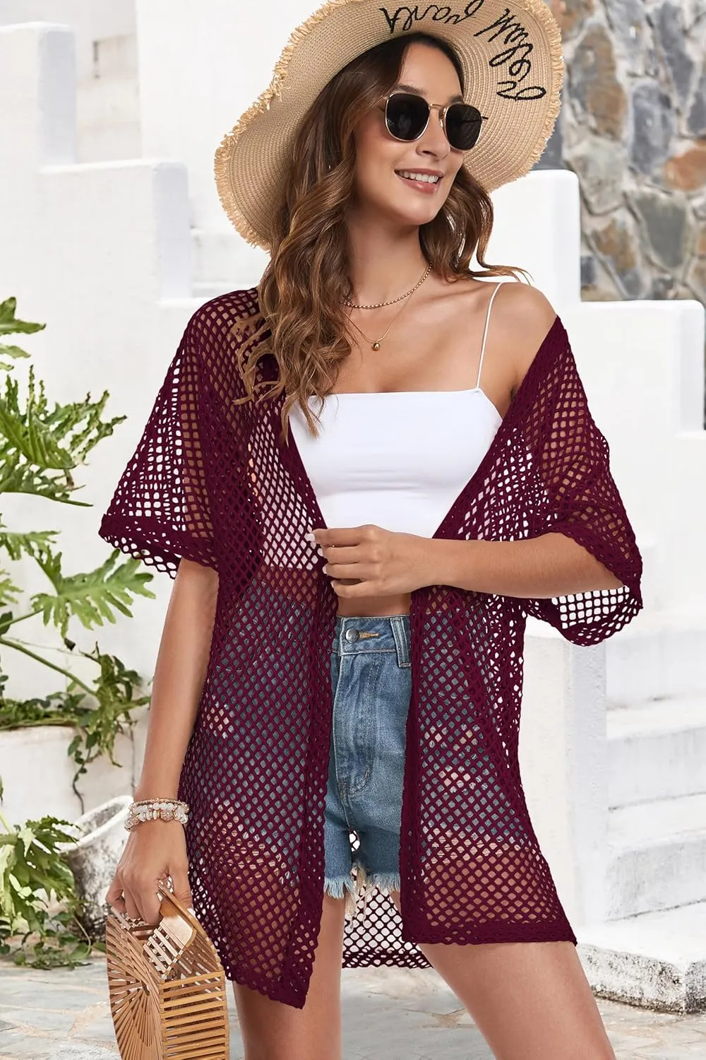 Womens Summer Cardigan Short Sleeve Crochet Casual Tops Kimono Open Front Cover Up Hollow Out Jacket