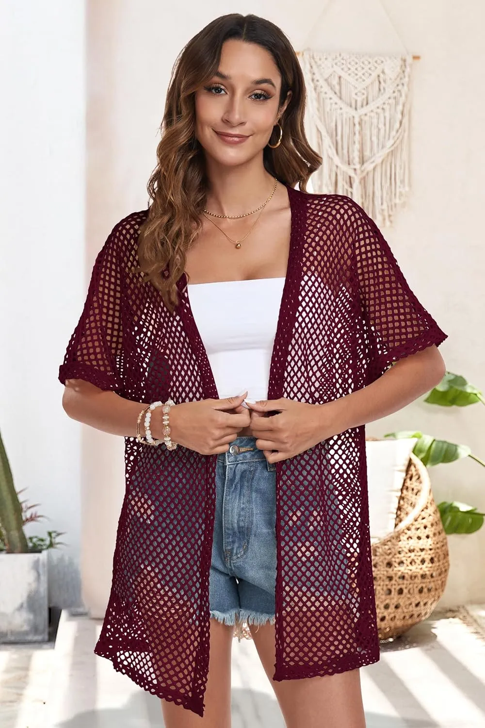 Womens Summer Cardigan Short Sleeve Crochet Casual Tops Kimono Open Front Cover Up Hollow Out Jacket