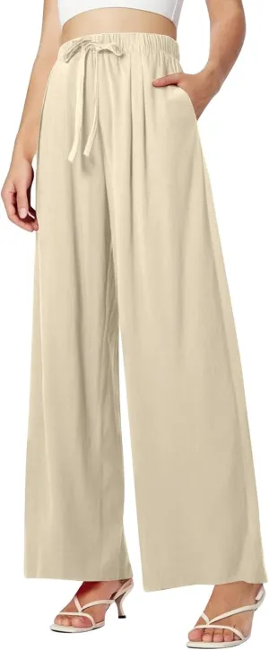 Women's Summer Elastic Waist Wide Leg Pants 2025 Solid Color Cotton Linen Lounge Comfy Plus Size Flowy Long Trousers