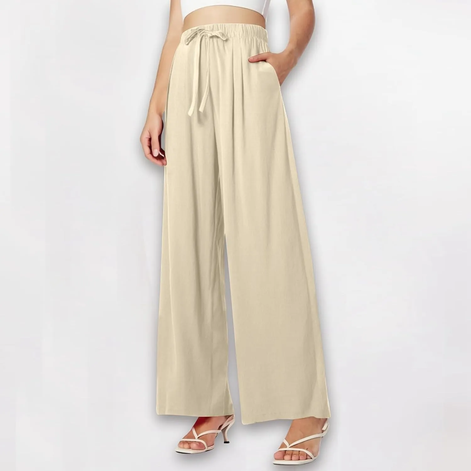 Women's Summer Elastic Waist Wide Leg Pants 2025 Solid Color Cotton Linen Lounge Comfy Plus Size Flowy Long Trousers