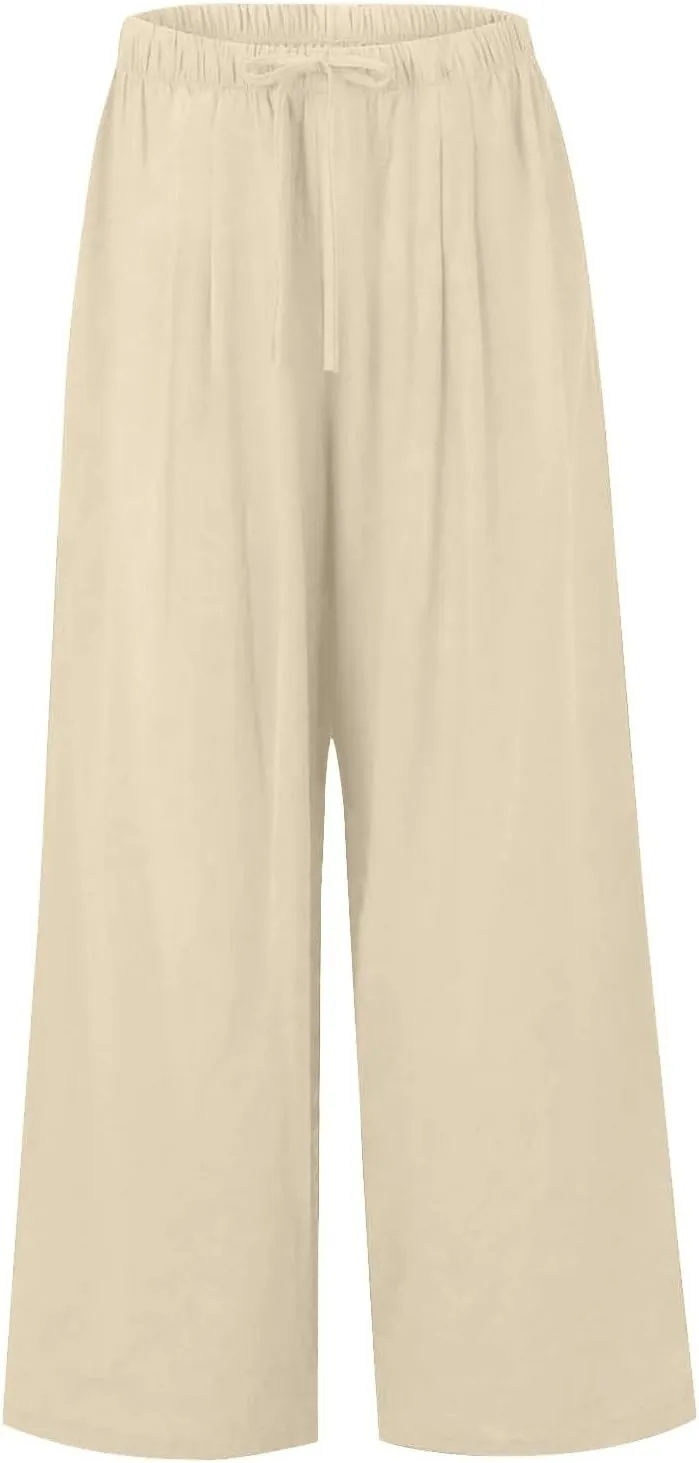 Women's Summer Elastic Waist Wide Leg Pants 2025 Solid Color Cotton Linen Lounge Comfy Plus Size Flowy Long Trousers