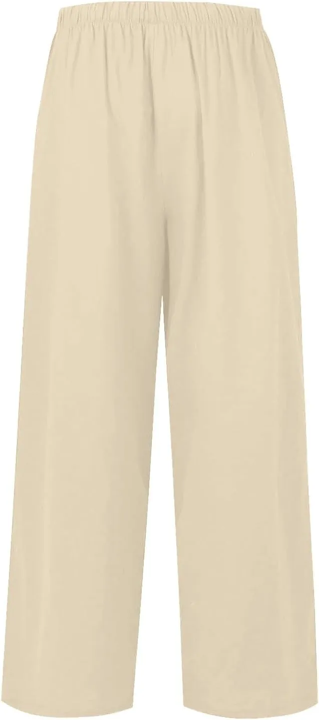 Women's Summer Elastic Waist Wide Leg Pants 2025 Solid Color Cotton Linen Lounge Comfy Plus Size Flowy Long Trousers