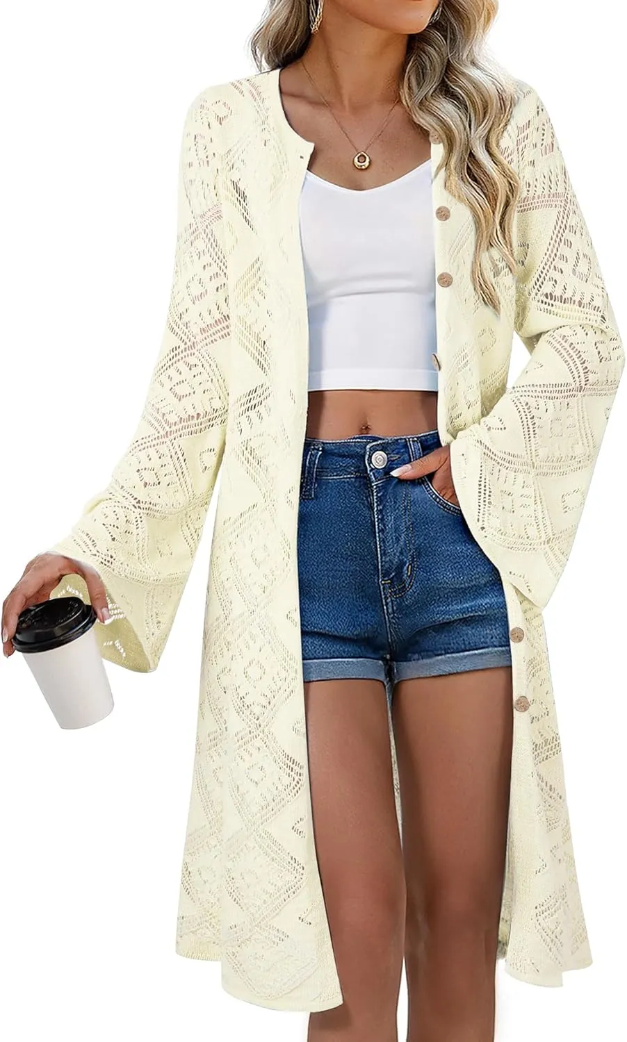 Women's Summer Lightweight Open Front Long Cardigans Crochet Knit Bell Sleeve Button Hollow Out Beach Cover Ups
