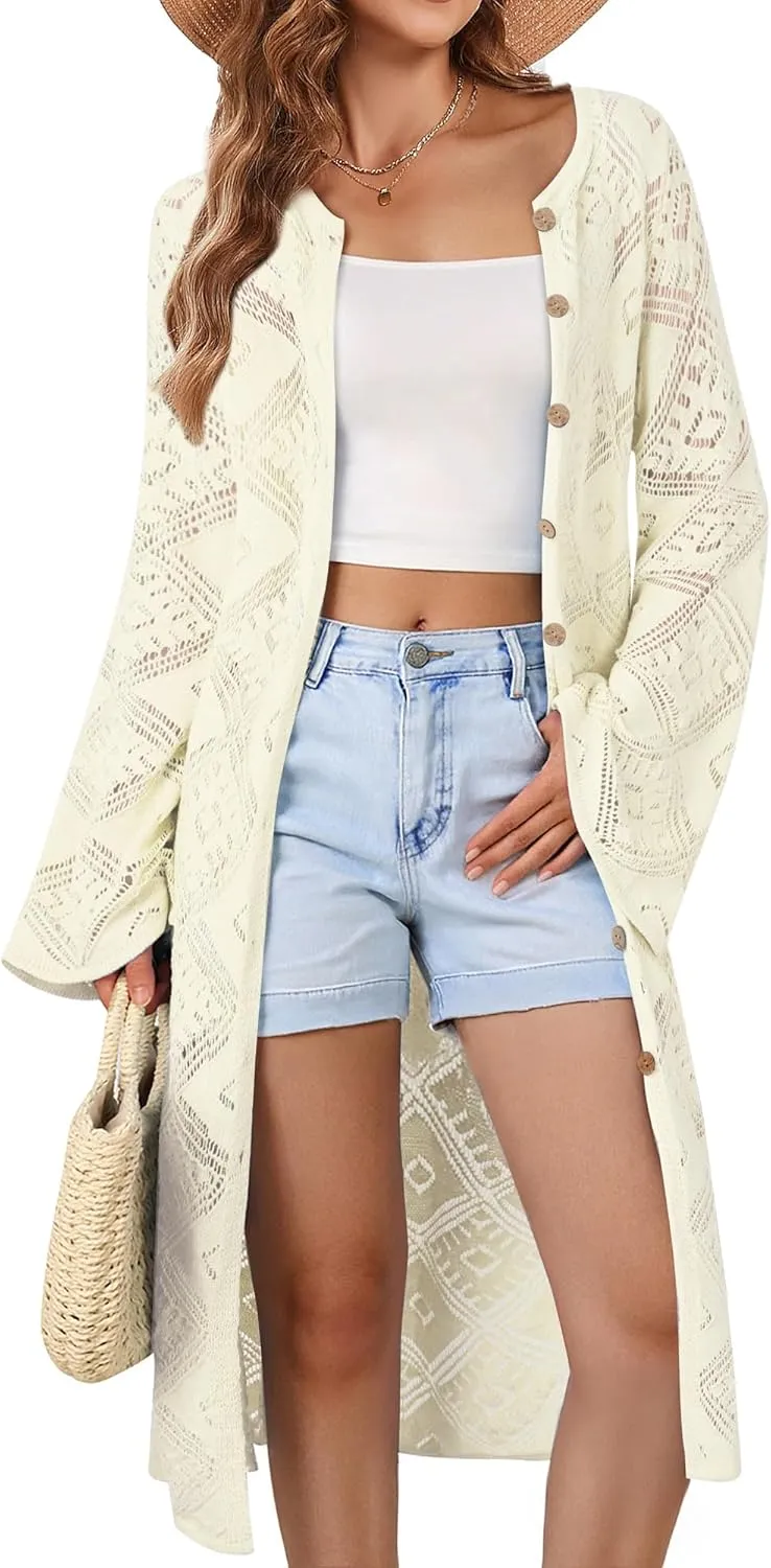 Women's Summer Lightweight Open Front Long Cardigans Crochet Knit Bell Sleeve Button Hollow Out Beach Cover Ups