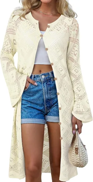 Women's Summer Lightweight Open Front Long Cardigans Crochet Knit Bell Sleeve Button Hollow Out Beach Cover Ups