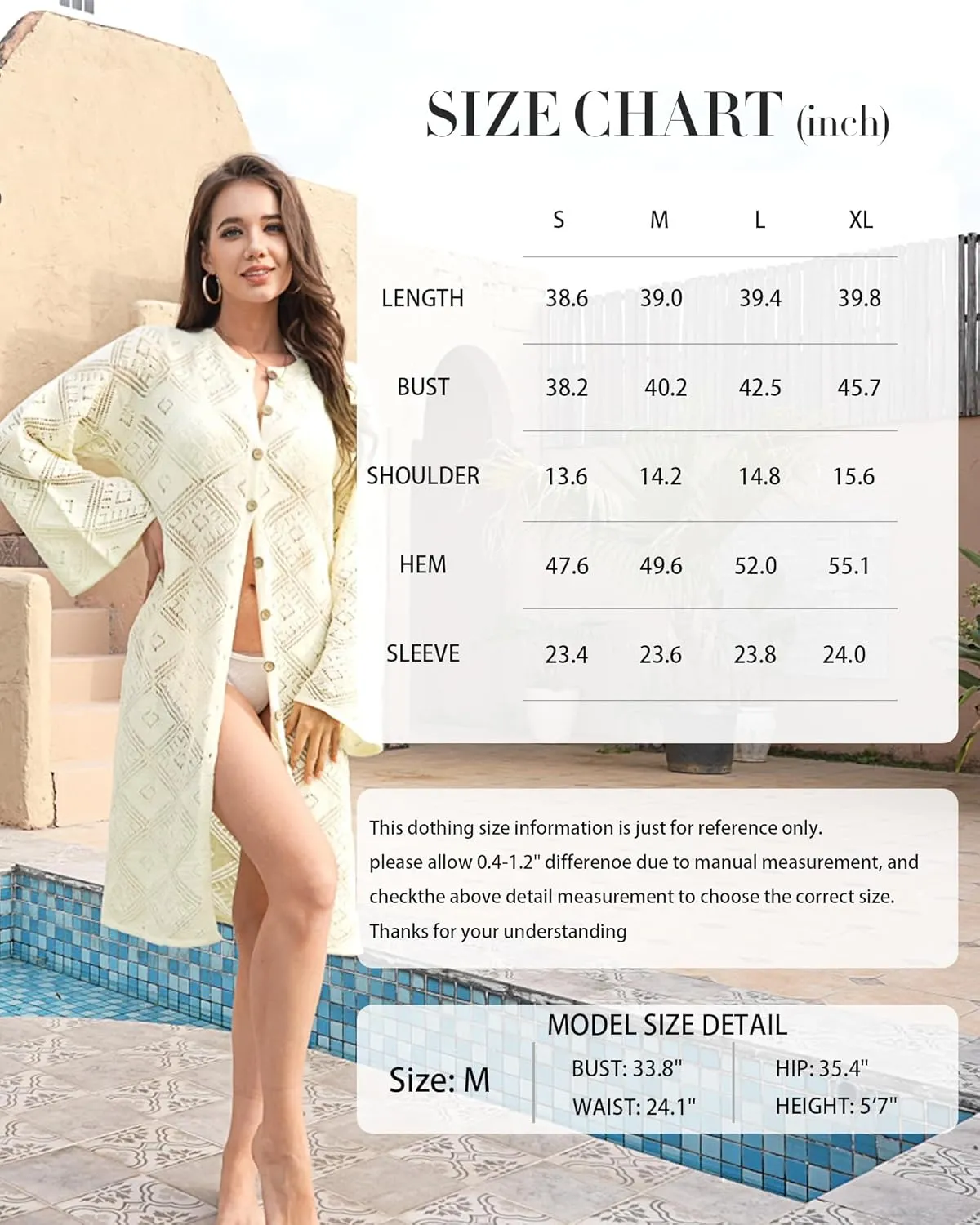 Women's Summer Lightweight Open Front Long Cardigans Crochet Knit Bell Sleeve Button Hollow Out Beach Cover Ups