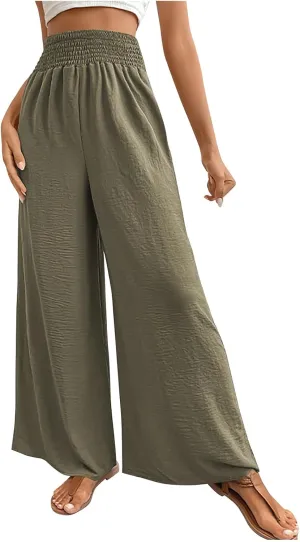 Women's Summer Ruched Wide Leg Pants High Waist Lightweight Long Pants Casual Solid Color Loose Flowy Beach Trousers