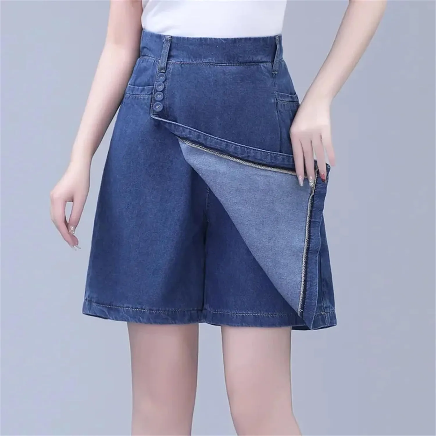 Women's Summer Thin Five Point Wide Leg Jeans Skirt Casual Loose High Waisted Pencil Jeans Short Skirt