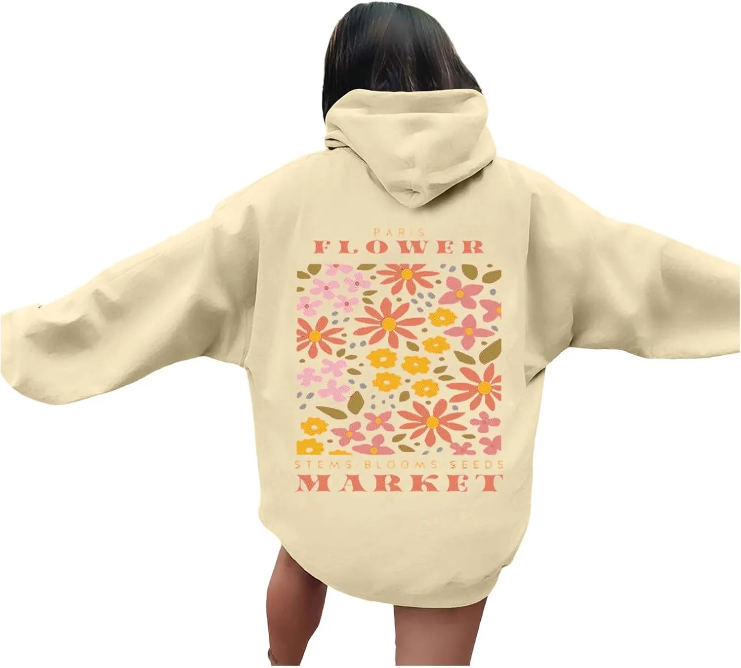 Womens Sweatshirts Womens Oversized Hoodies Flower Market Graphic Print Long Sleeve Pocket Drop Shoulder Pullover Tops Fall Y2K Clothes You are Enough Hoodie Beige Medium