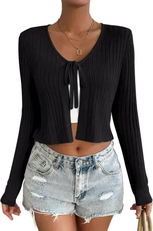 Womens Tie Front Cardigan Long Sleeve Rib Knit Shrug for Dress Sweaters Crop Tops