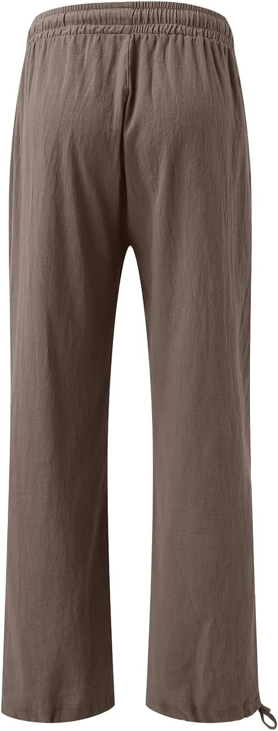Womens Trousers High Waisted Drawstring Cotton Linen Pants Wide Leg Lounge Pants with Pockets, Small-5X-Large