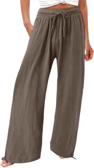 Womens Trousers High Waisted Drawstring Cotton Linen Pants Wide Leg Lounge Pants with Pockets, Small-5X-Large
