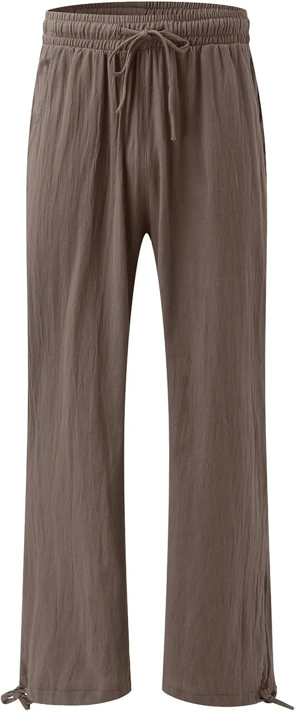 Womens Trousers High Waisted Drawstring Cotton Linen Pants Wide Leg Lounge Pants with Pockets, Small-5X-Large