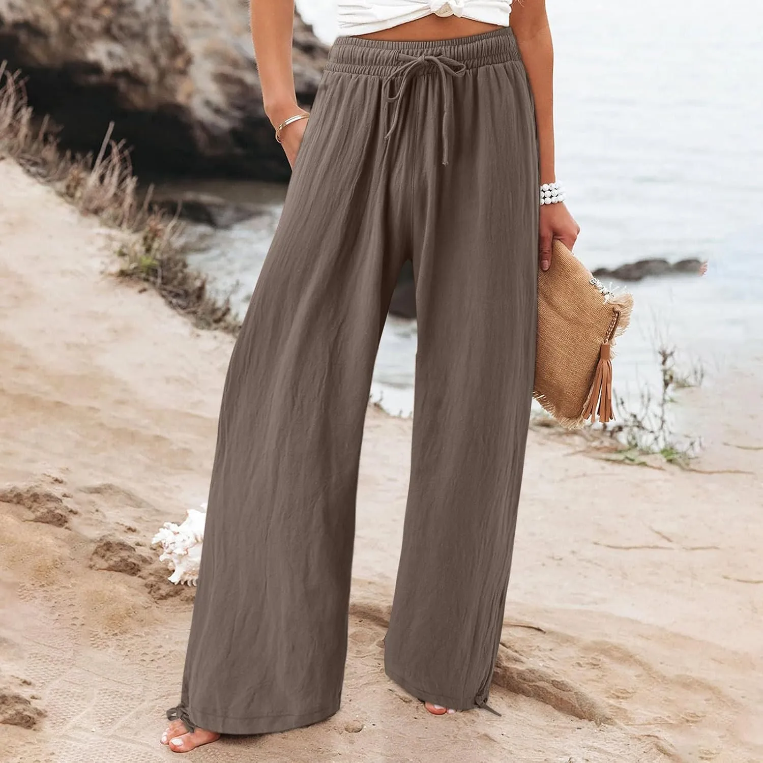 Womens Trousers High Waisted Drawstring Cotton Linen Pants Wide Leg Lounge Pants with Pockets, Small-5X-Large