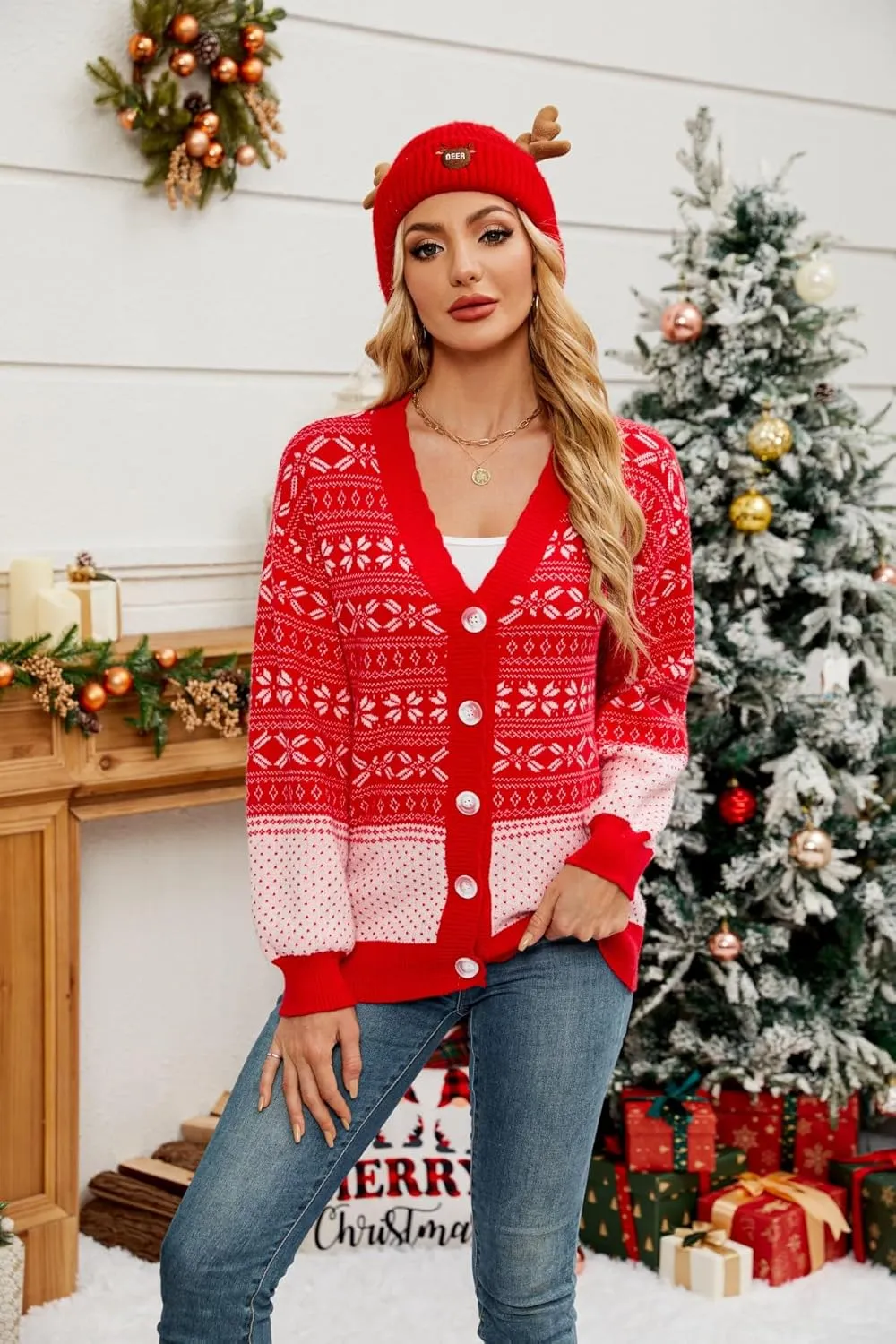 Women's Ugly Christmas Cardigan Sweaters Open Front Button Down V Neck Long Sleeve Knit Outwear Coat