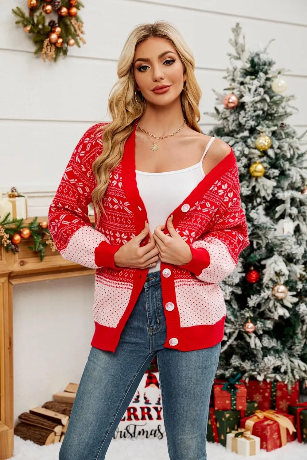 Women's Ugly Christmas Cardigan Sweaters Open Front Button Down V Neck Long Sleeve Knit Outwear Coat