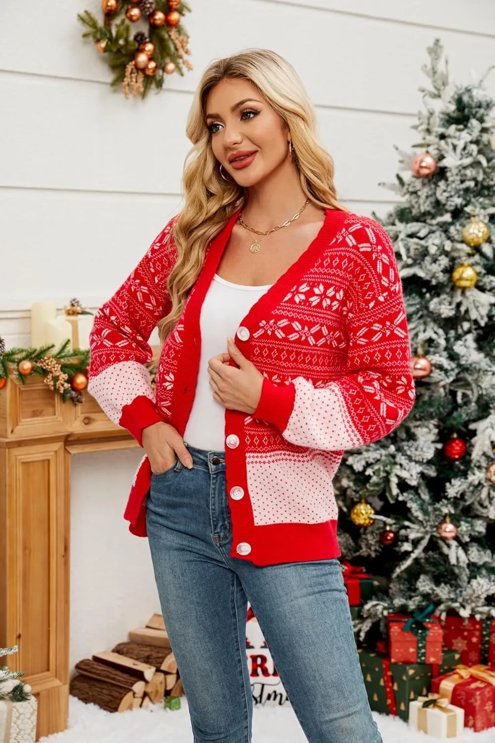 Women's Ugly Christmas Cardigan Sweaters Open Front Button Down V Neck Long Sleeve Knit Outwear Coat