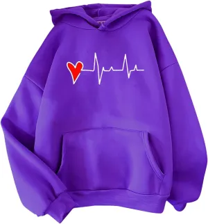 Womens Valentine's Day Oversized Hoodie Long Sleeve Trendy Heartbeat Print Sweatshirt Vacation Hiking Casual Pullover