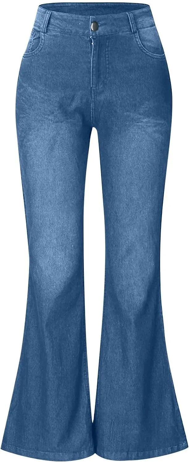 Women's Vintage Flare Jeans High Waist Stretch Denim Bell Bottoms Jeans Retro Bell-Bottomed Pants Plus Size