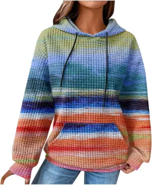 Womens Waffle Knit Hoodies Cute Hooded Sweatshirt Fall Casual Drawstring Pullover Sweater Workout Gym Hoodie Tops