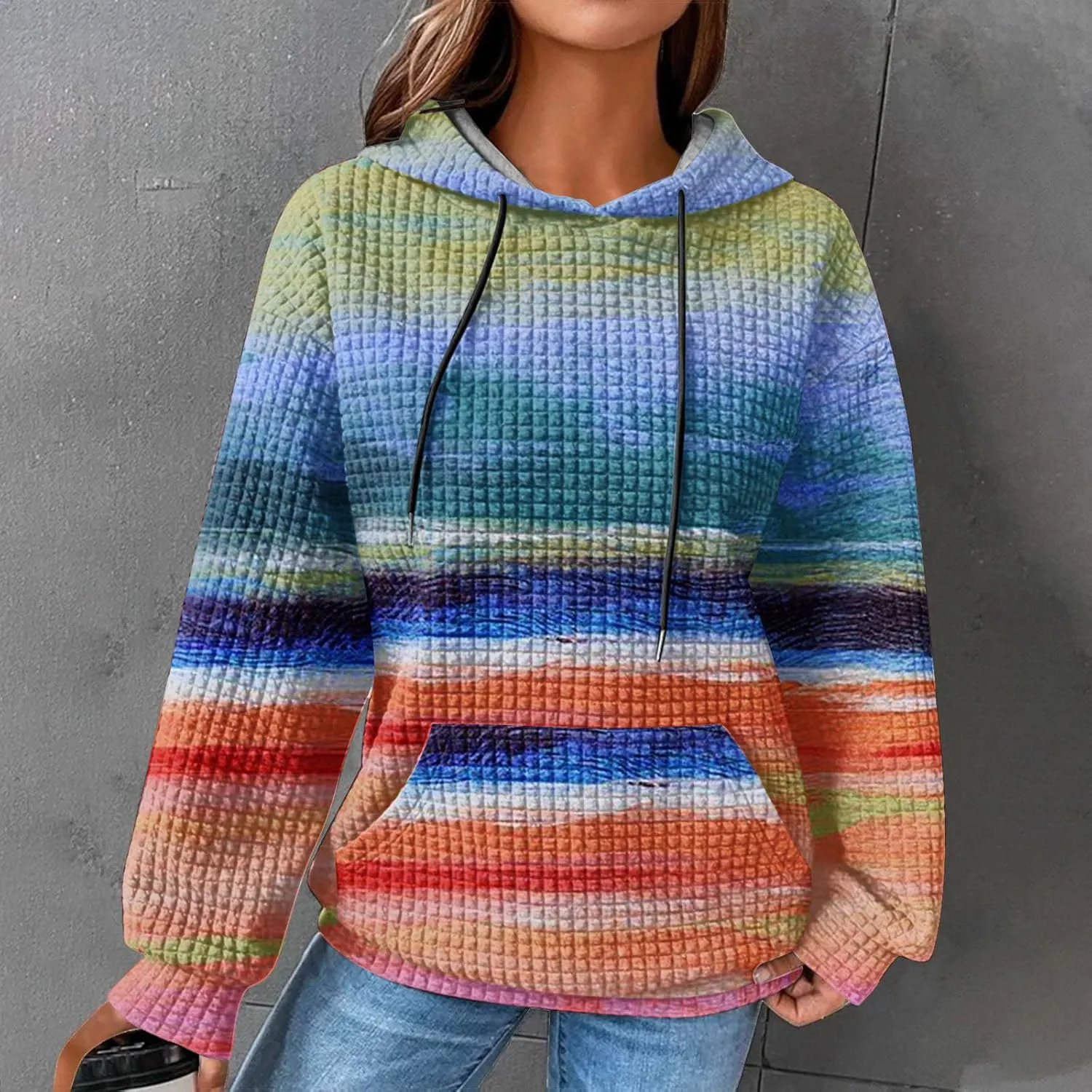 Womens Waffle Knit Hoodies Cute Hooded Sweatshirt Fall Casual Drawstring Pullover Sweater Workout Gym Hoodie Tops