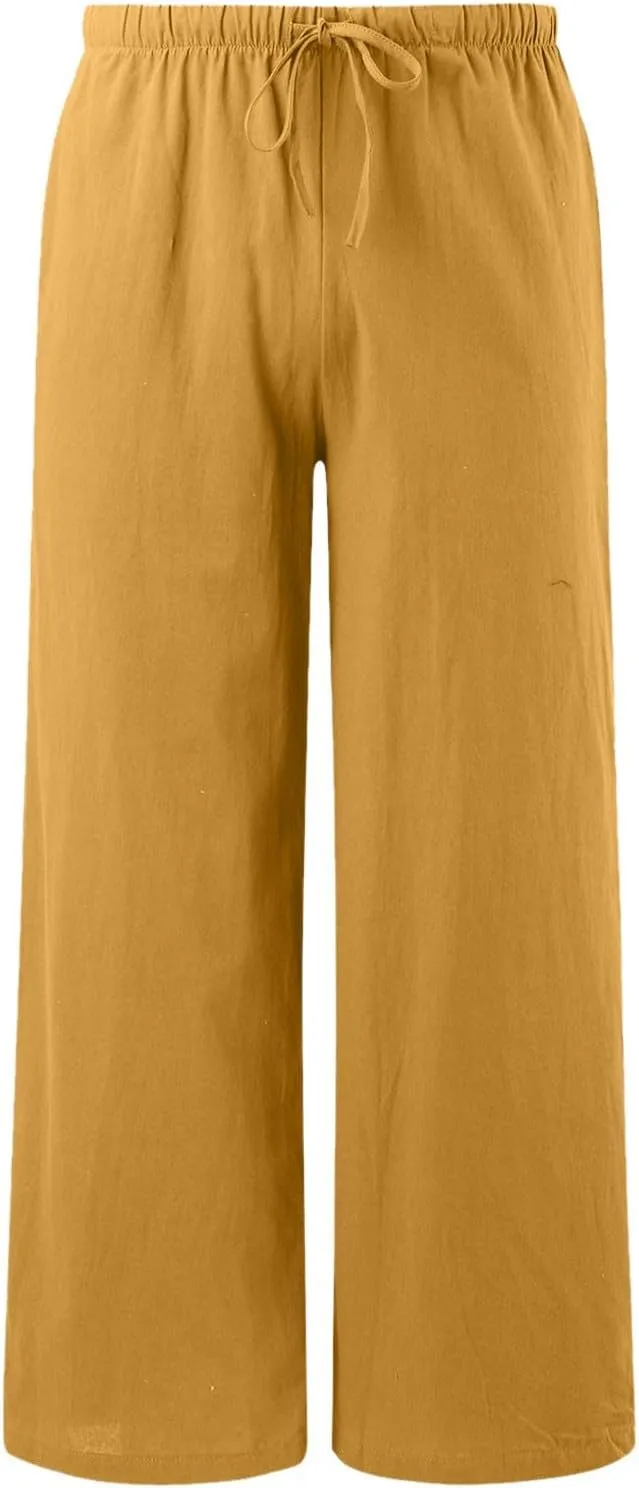 Women's Wide Leg Cotton Linen Pants High Waisted Drawstring Elastic Waist Lounge Trousers Beach Summer Casual Slacks