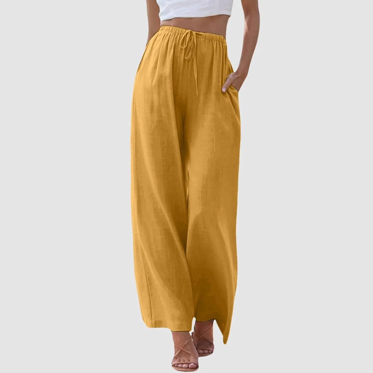 Women's Wide Leg Cotton Linen Pants High Waisted Drawstring Elastic Waist Lounge Trousers Beach Summer Casual Slacks