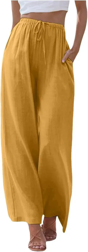 Women's Wide Leg Cotton Linen Pants High Waisted Drawstring Elastic Waist Lounge Trousers Beach Summer Casual Slacks