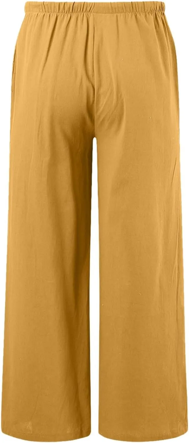 Women's Wide Leg Cotton Linen Pants High Waisted Drawstring Elastic Waist Lounge Trousers Beach Summer Casual Slacks