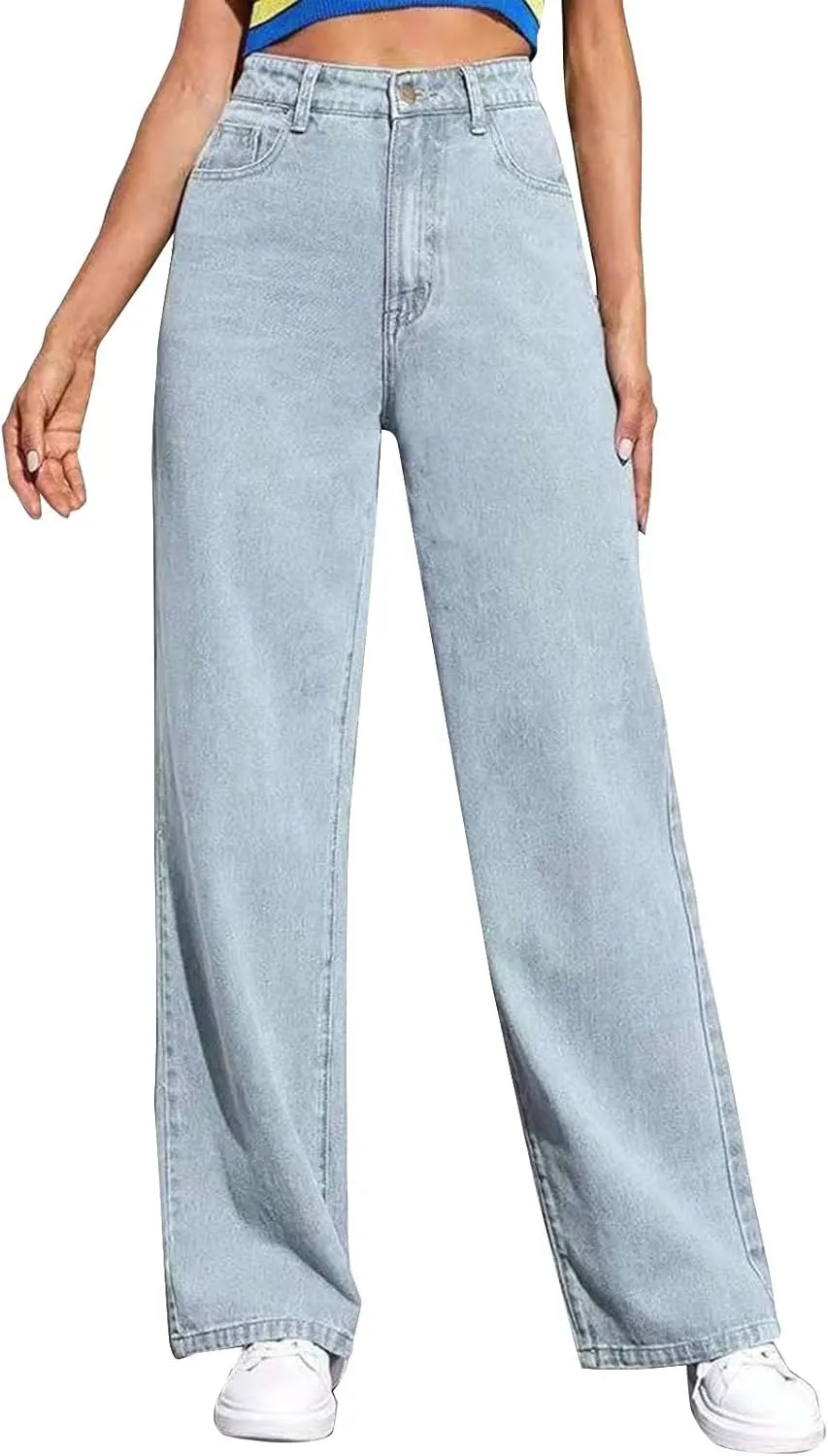 Women's Wide Leg Jeans Casual High Waisted Straight Leg Stretchy Denim Pants Lightweight Trendy Jeans with Pockets