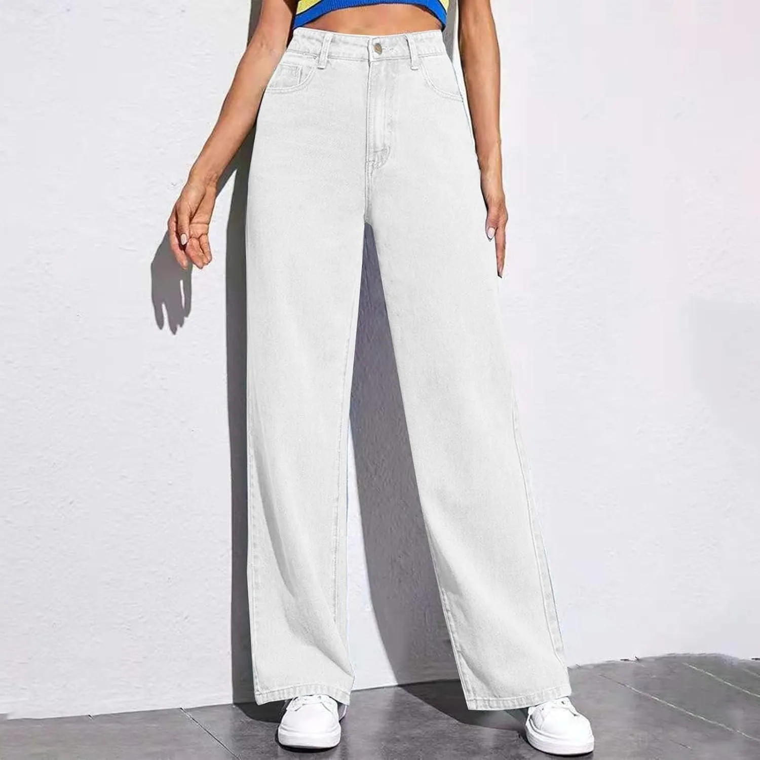 Women's Wide Leg Jeans Casual High Waisted Straight Leg Stretchy Denim Pants Lightweight Trendy Jeans with Pockets