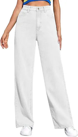 Women's Wide Leg Jeans Casual High Waisted Straight Leg Stretchy Denim Pants Lightweight Trendy Jeans with Pockets