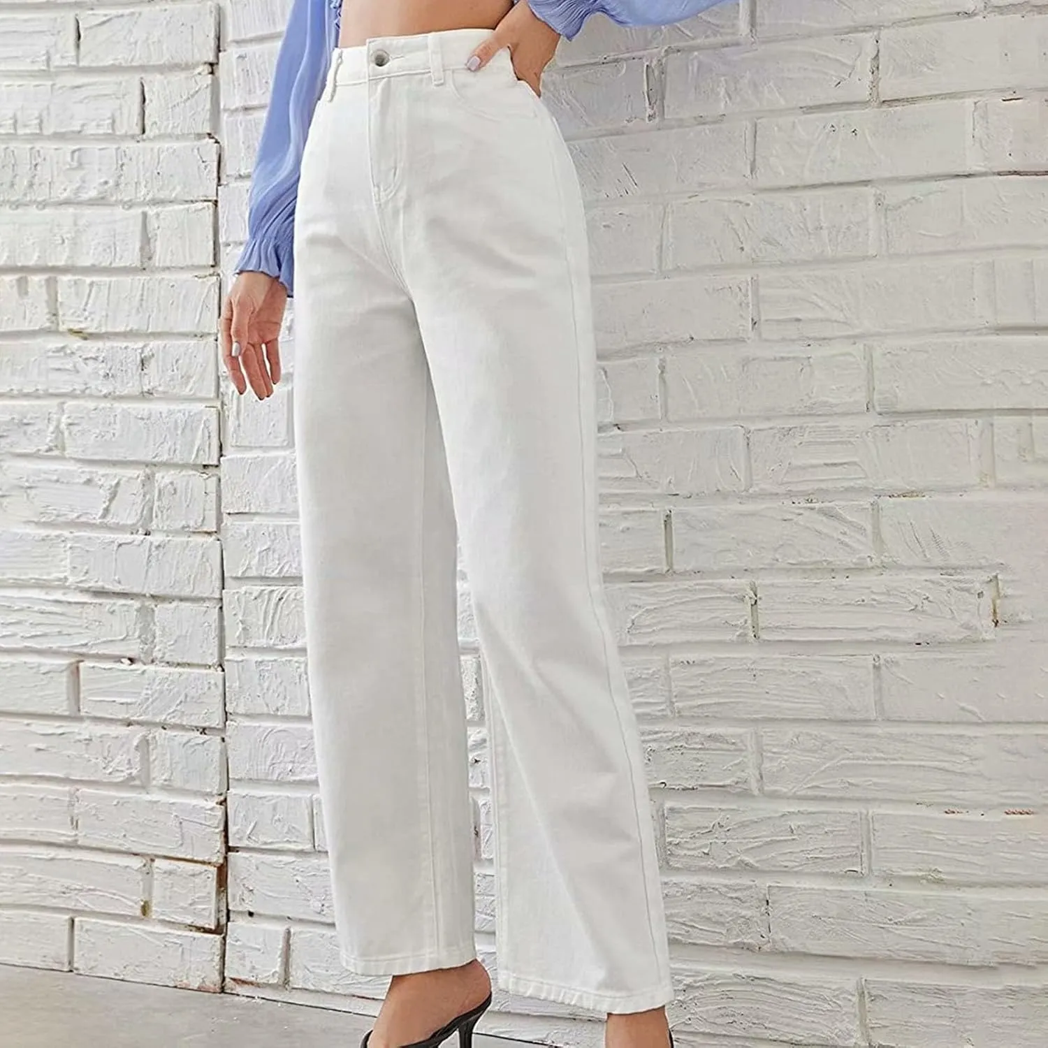 Women's Wide Leg Jeans Casual High Waisted Straight Leg Stretchy Denim Pants Lightweight Trendy Jeans with Pockets
