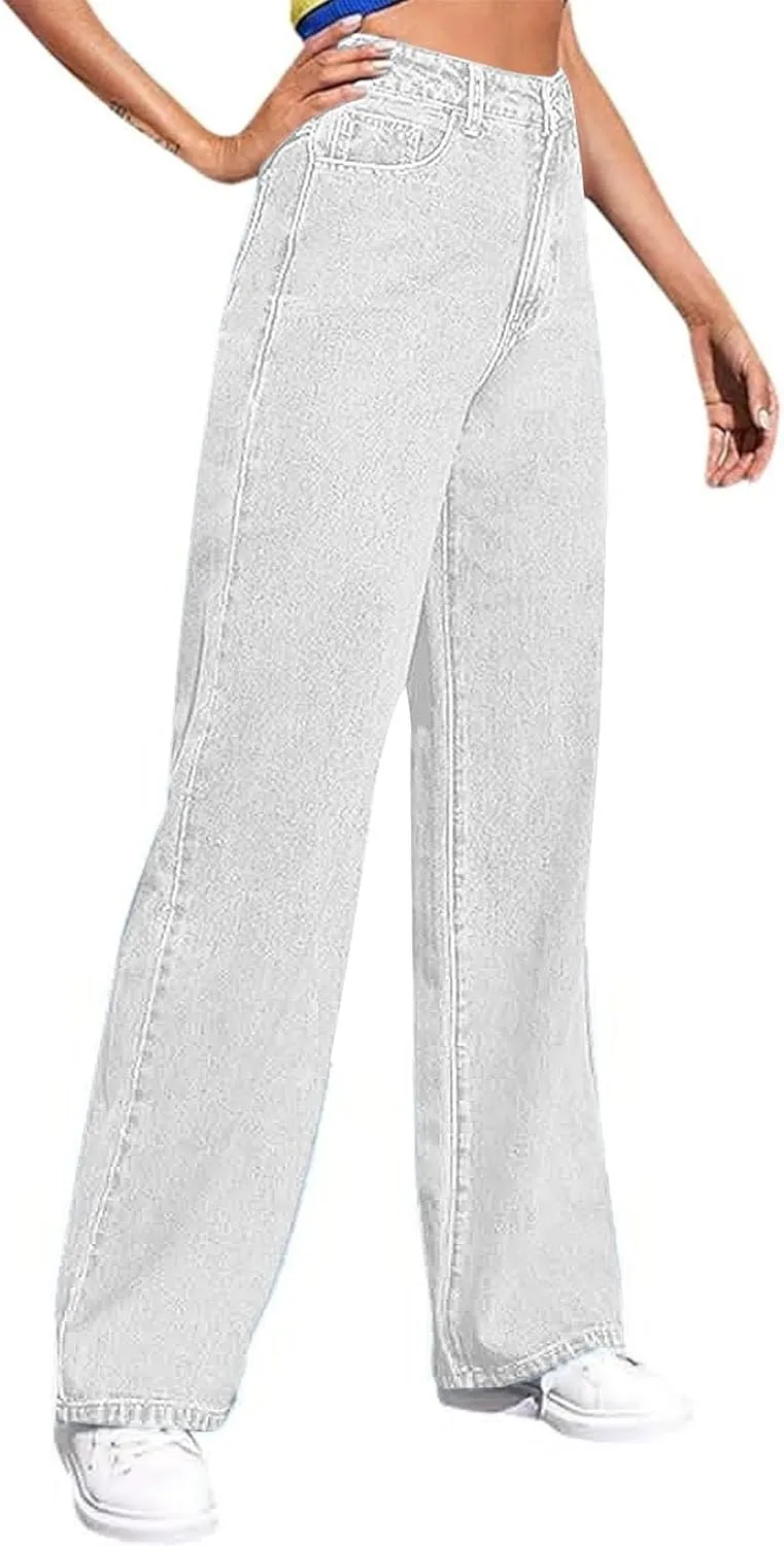 Women's Wide Leg Jeans Casual High Waisted Straight Leg Stretchy Denim Pants Lightweight Trendy Jeans with Pockets