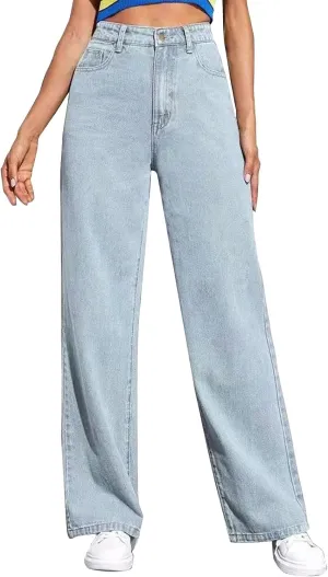 Women's Wide Leg Jeans Casual High Waisted Straight Leg Stretchy Denim Pants Lightweight Trendy Jeans with Pockets