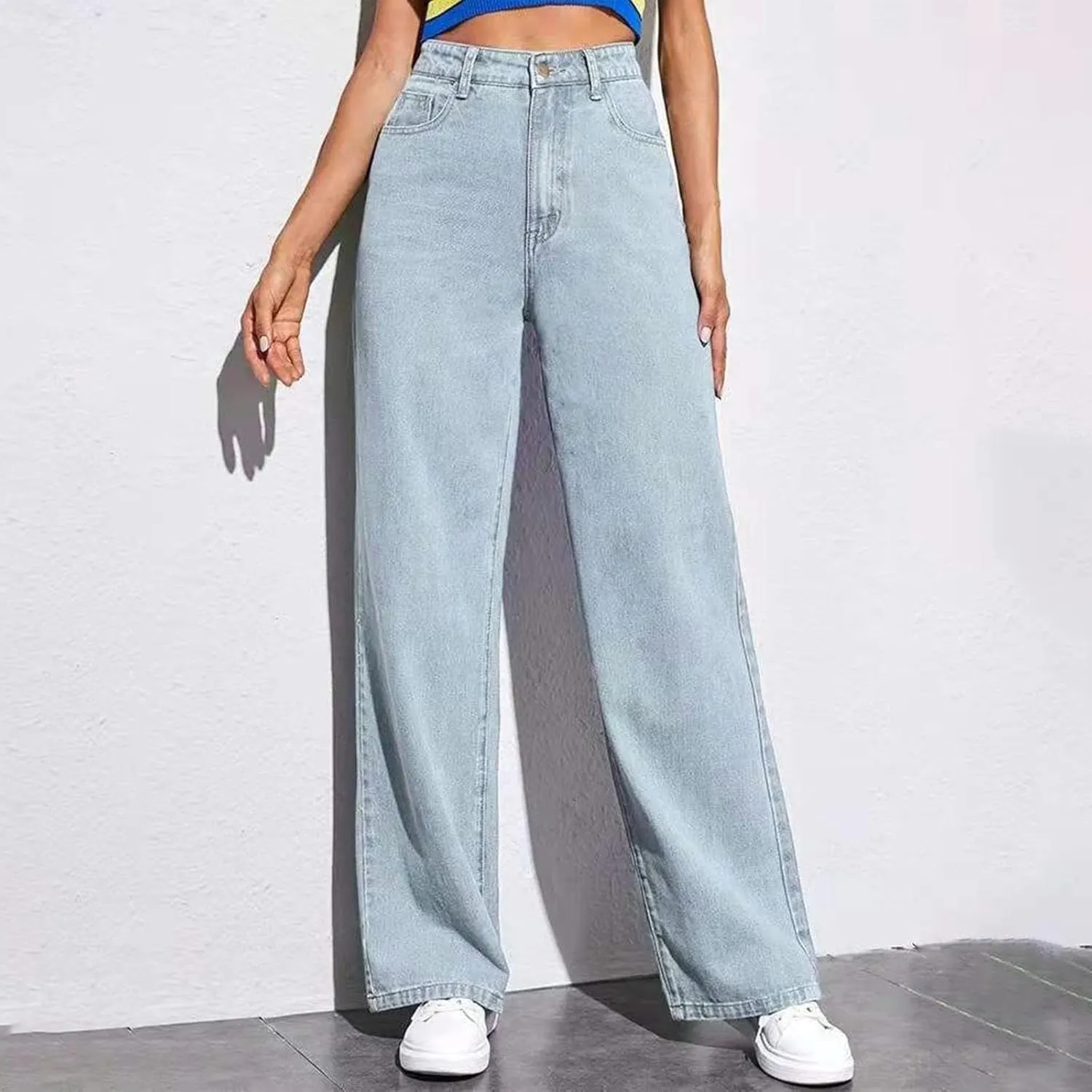 Women's Wide Leg Jeans Casual High Waisted Straight Leg Stretchy Denim Pants Lightweight Trendy Jeans with Pockets