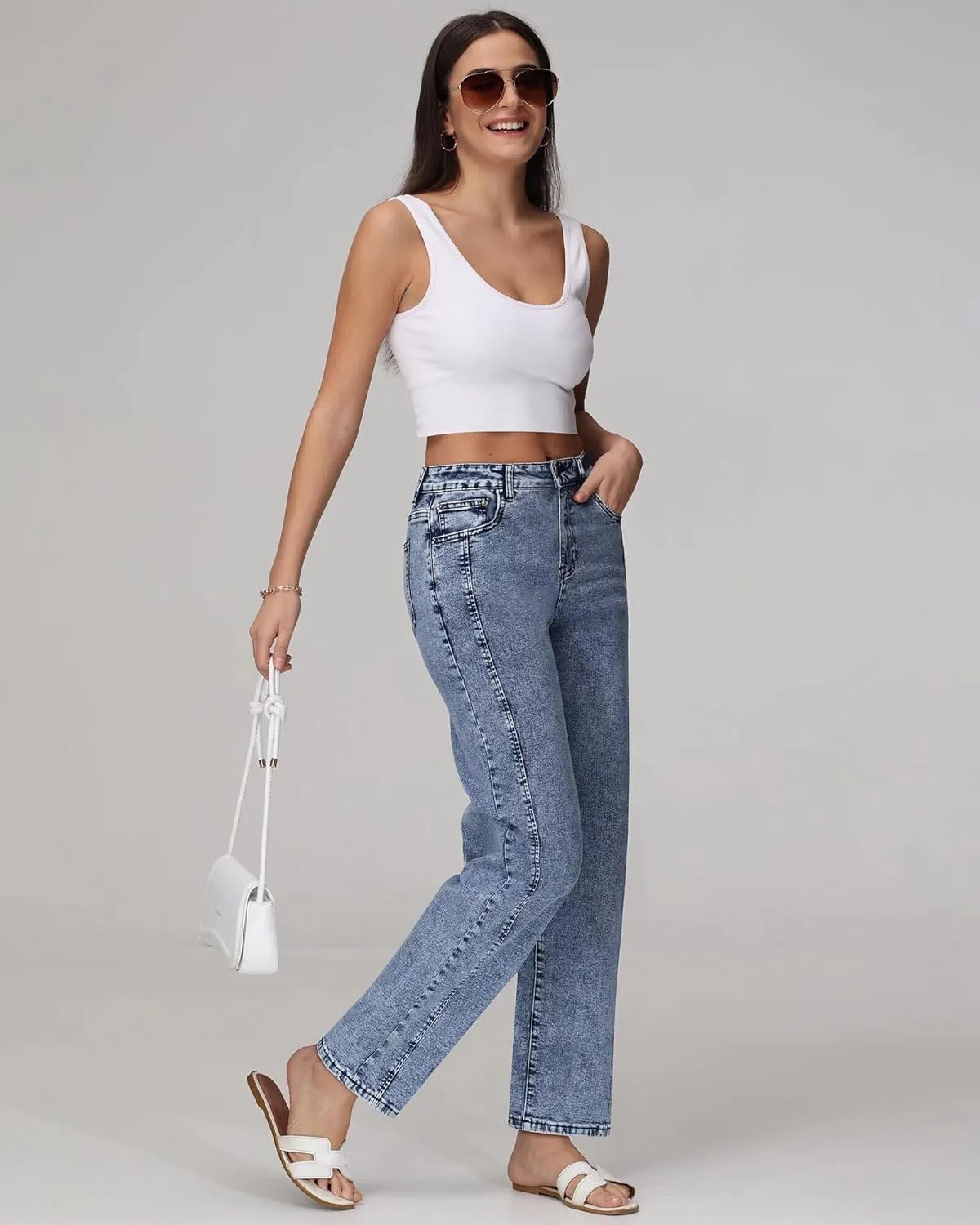 Womens Wide Leg Jeans High Waisted Stretchy Front Seams Ankle Length Straight Leg Jeans for Women